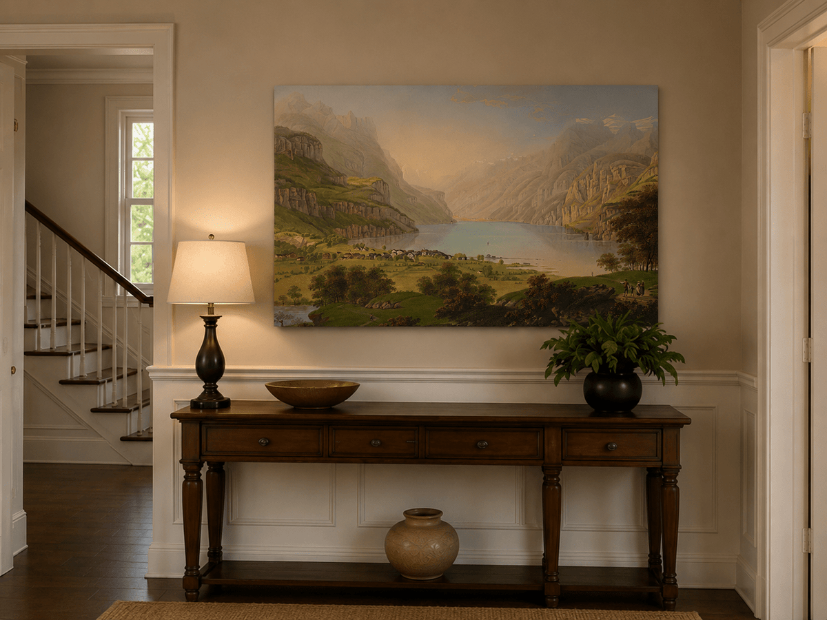 Landscape Oil Painting - Alpine Lake Valley and Village Panorama