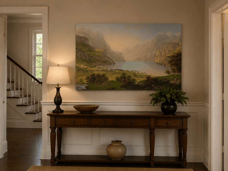 Landscape Oil Painting - Alpine Lake Valley and Village Panorama