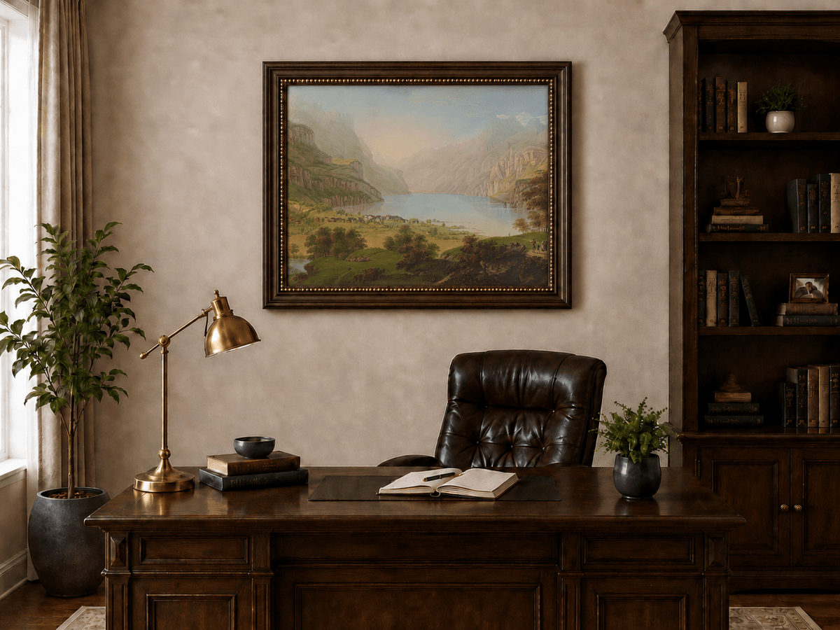 Landscape Oil Painting - Alpine Lake Valley and Village Panorama