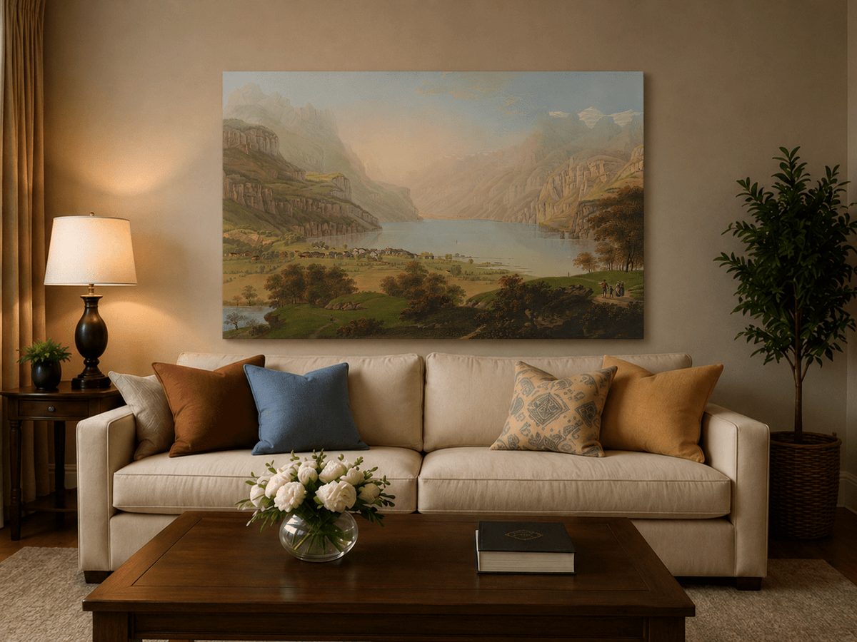 Landscape Oil Painting - Alpine Lake Valley and Village Panorama