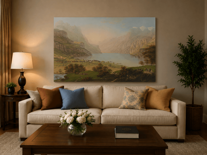Landscape Oil Painting - Alpine Lake Valley and Village Panorama