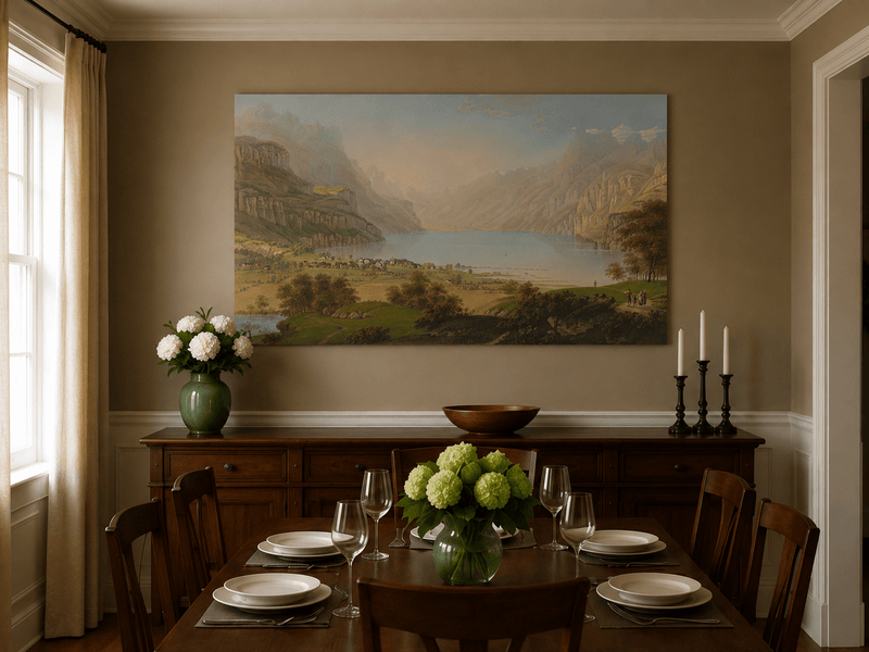 Landscape Oil Painting - Alpine Lake Valley and Village Panorama