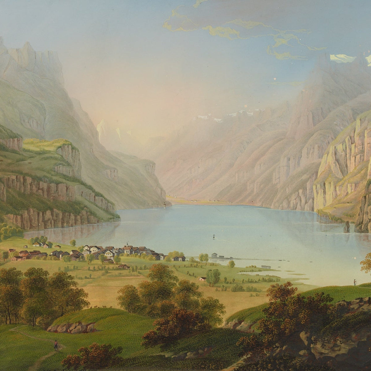 Hand-painted alpine lake valley and village panorama landscape oil painting on canvas