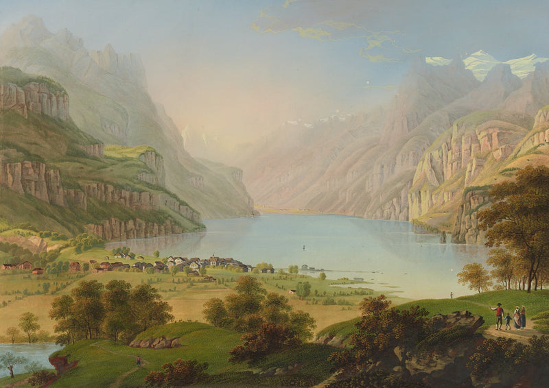 Hand-painted alpine lake valley and village panorama landscape oil painting on canvas