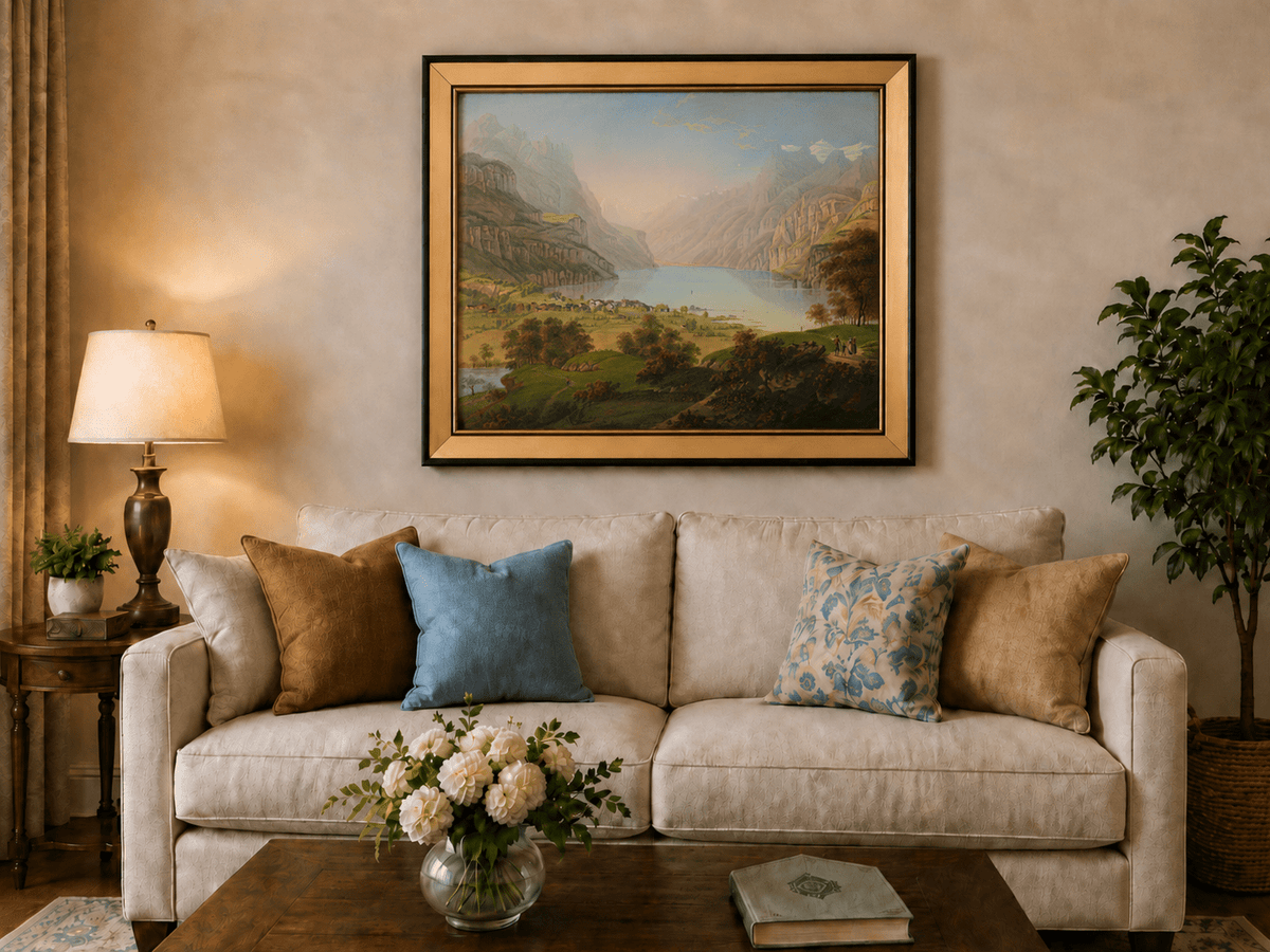 Landscape Oil Painting - Alpine Lake Valley and Village Panorama