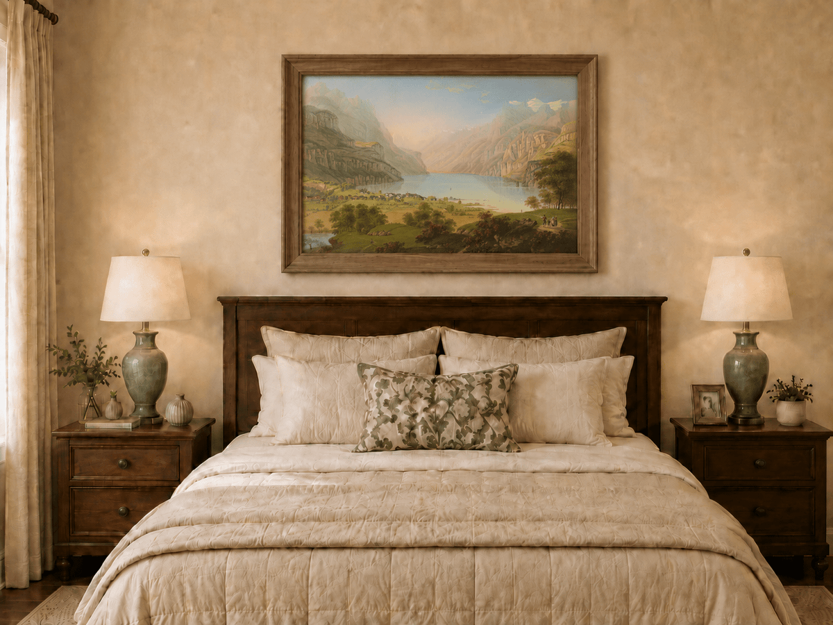 Landscape Oil Painting - Alpine Lake Valley and Village Panorama