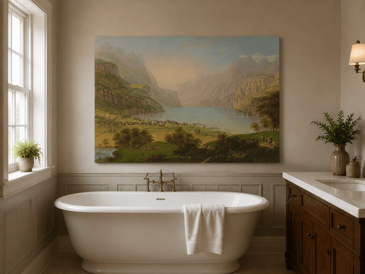 Landscape Oil Painting - Alpine Lake Valley and Village Panorama