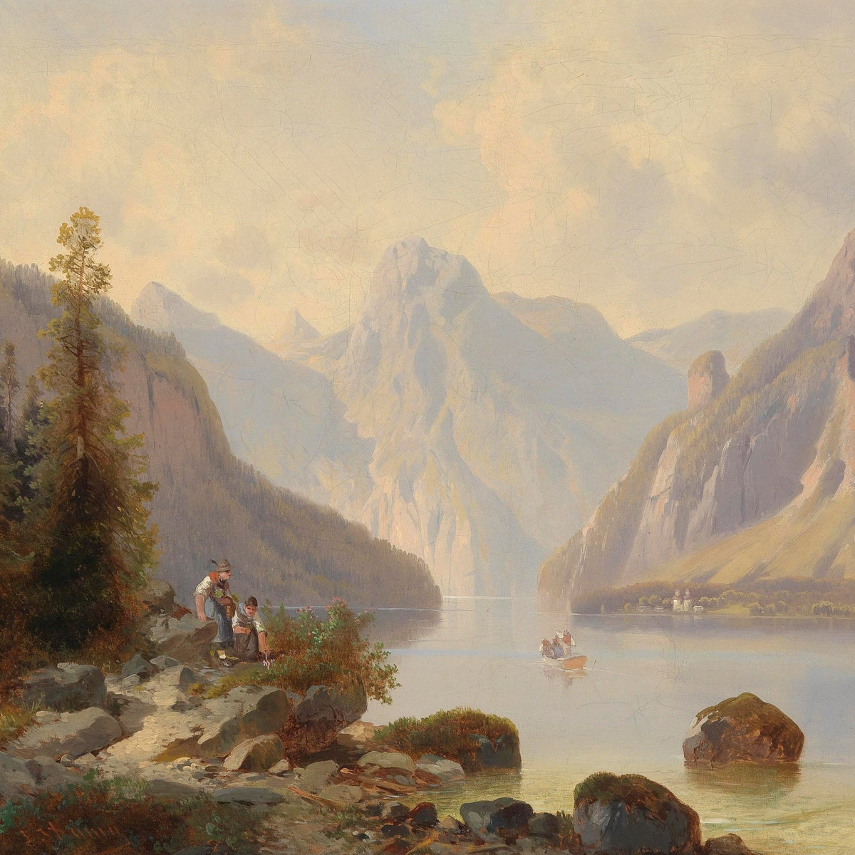 Landscape Oil Painting - Alpine Lake Valley, Shore Figures, Boat - Oil Painting Haven