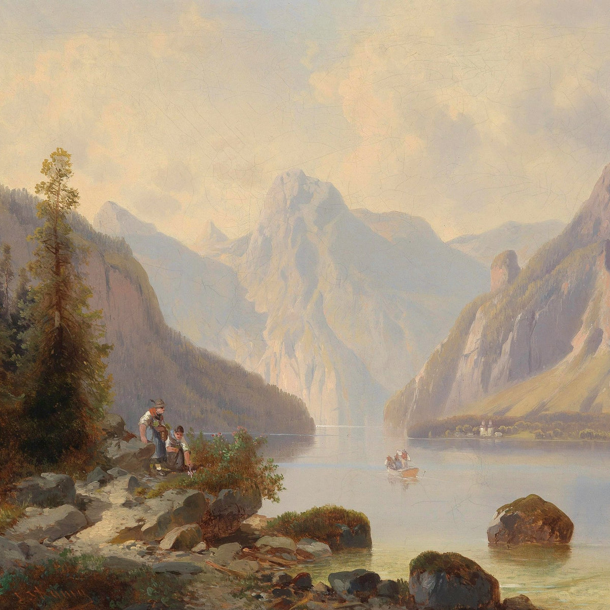 Landschaftsgemälde (Öl) – Alpenseetal, Uferfiguren, Boot