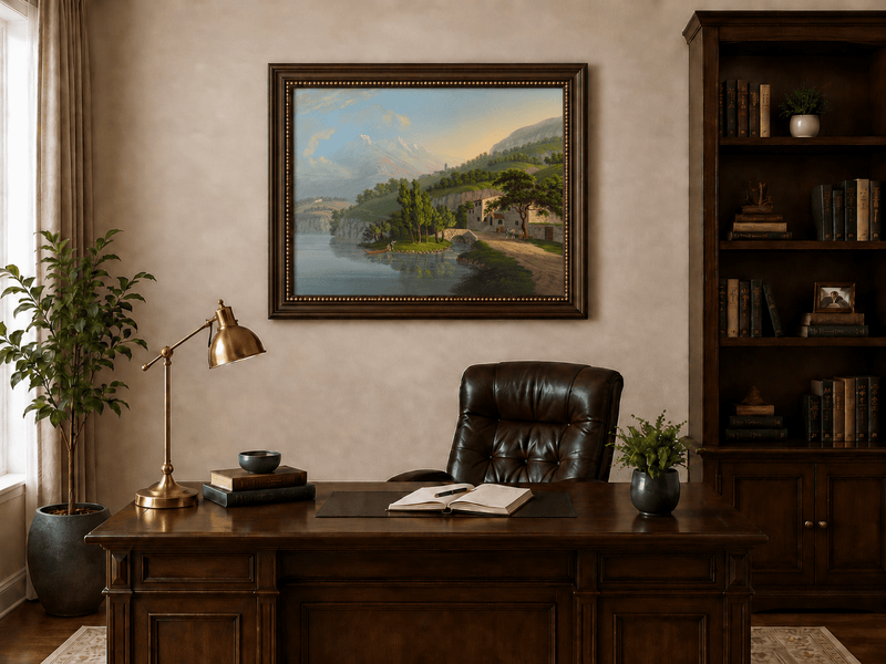 Landscape Oil Painting - Alpine Lake Villa and Mountain View