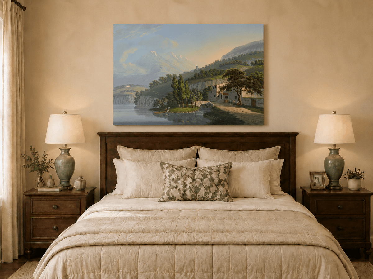 Landscape Oil Painting - Alpine Lake Villa and Mountain View