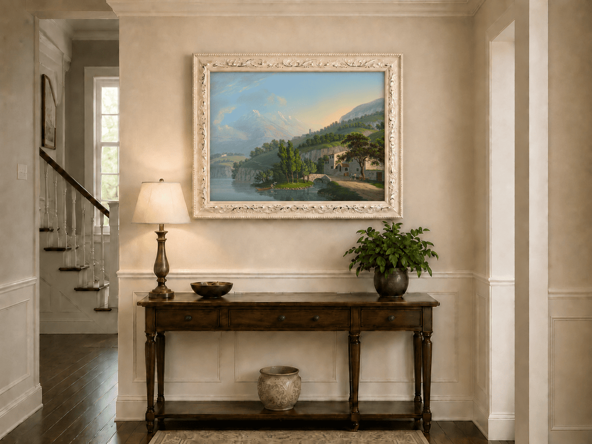Landscape Oil Painting - Alpine Lake Villa and Mountain View