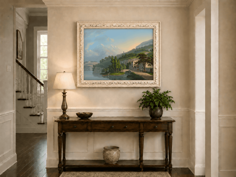 Landscape Oil Painting - Alpine Lake Villa and Mountain View