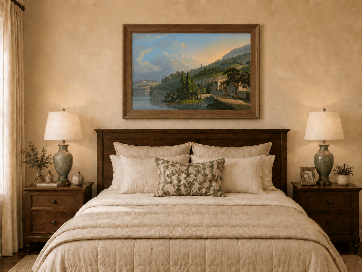 Landscape Oil Painting - Alpine Lake Villa and Mountain View