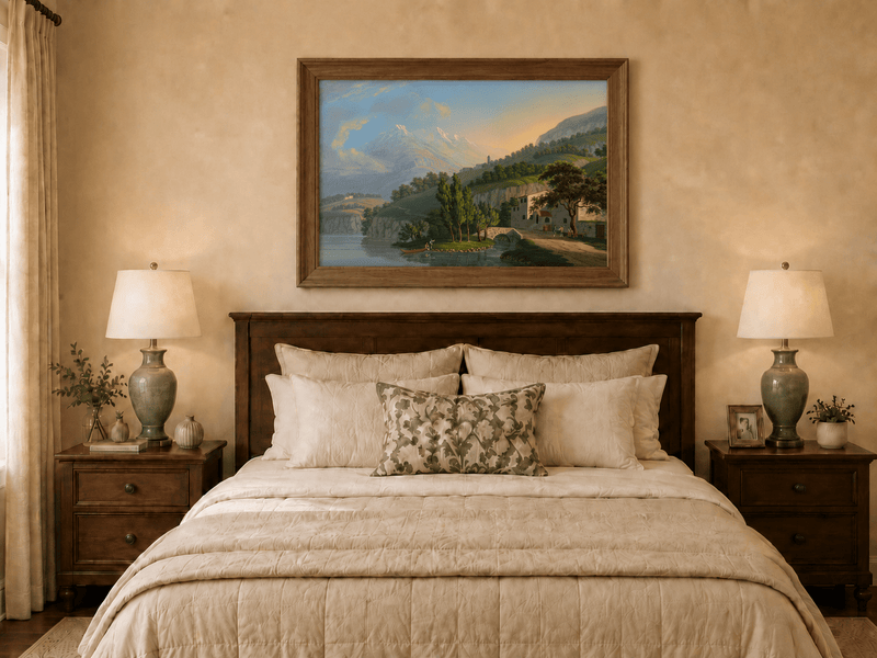 Landscape Oil Painting - Alpine Lake Villa and Mountain View