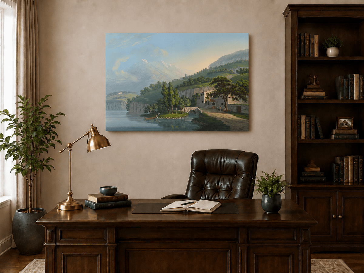Landscape Oil Painting - Alpine Lake Villa and Mountain View