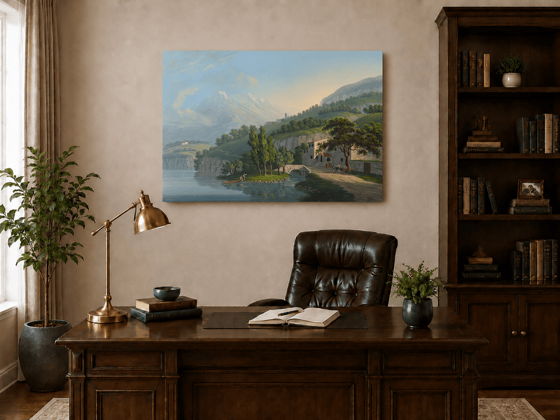 Landscape Oil Painting - Alpine Lake Villa and Mountain View