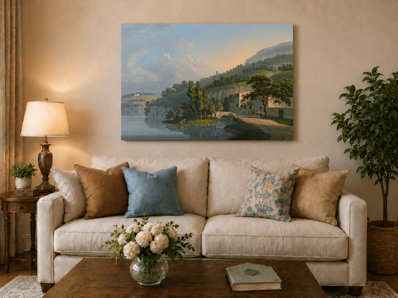 Landscape Oil Painting - Alpine Lake Villa and Mountain View