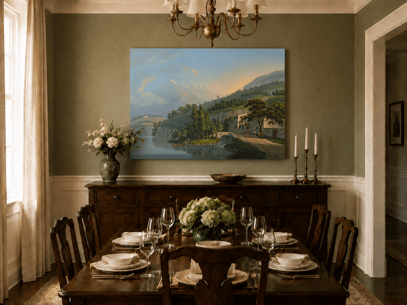 Landscape Oil Painting - Alpine Lake Villa and Mountain View