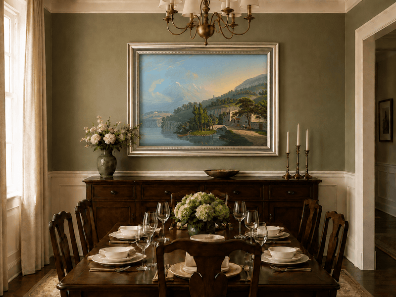 Landscape Oil Painting - Alpine Lake Villa and Mountain View