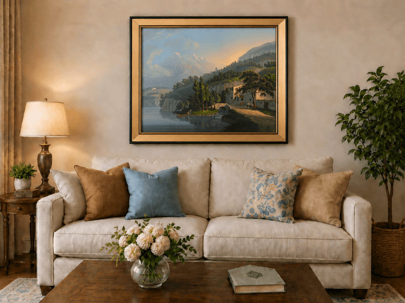 Landscape Oil Painting - Alpine Lake Villa and Mountain View