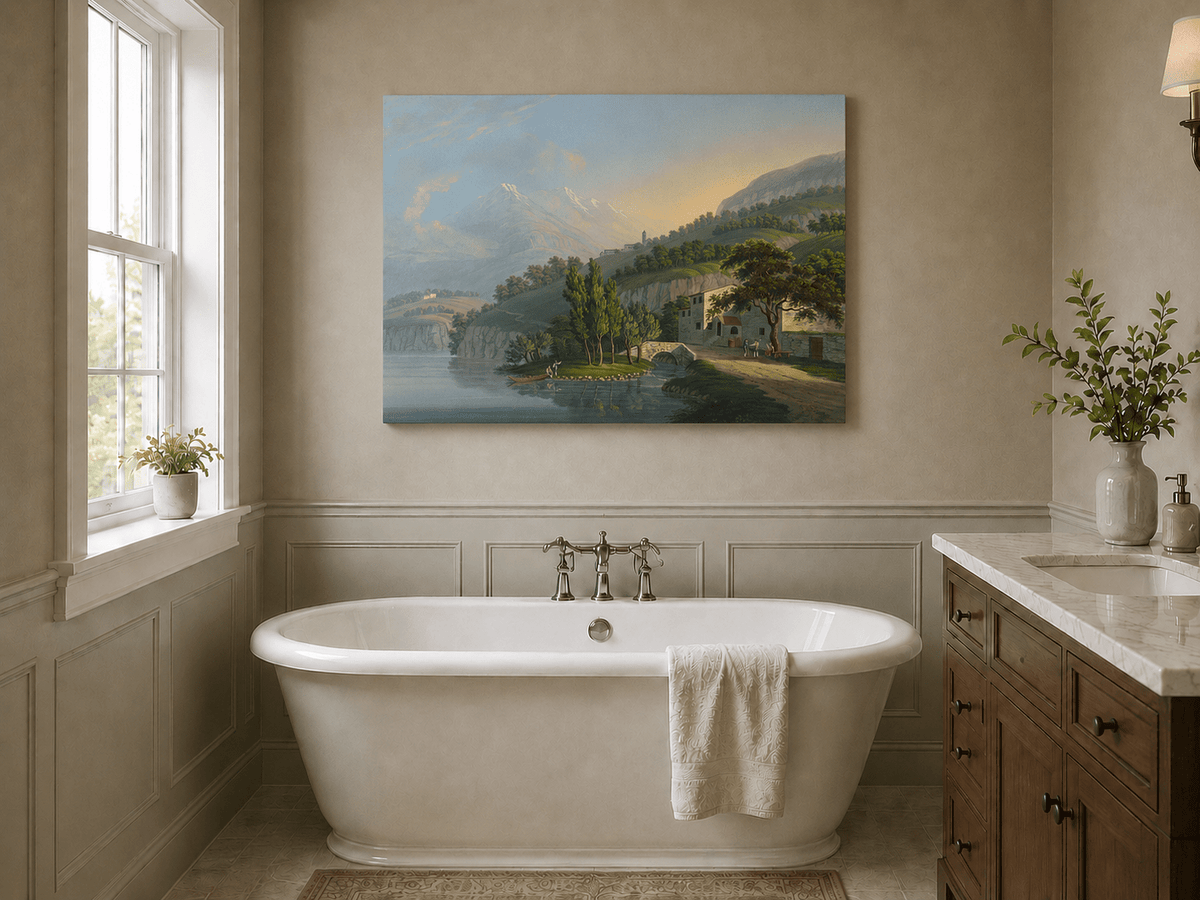 Landscape Oil Painting - Alpine Lake Villa and Mountain View