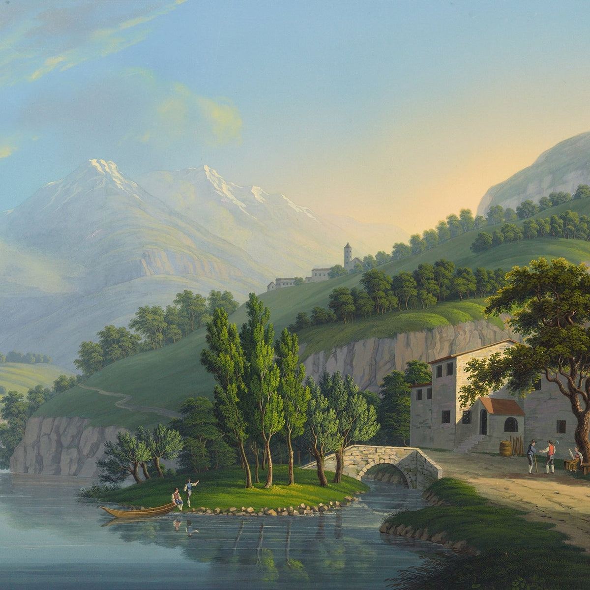 Landscape Oil Painting - Alpine Lake Villa and Mountain View - Oil Painting Haven