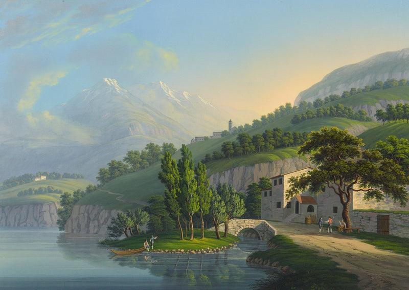 Landscape Oil Painting - Alpine Lake Villa and Mountain View - Oil Painting Haven