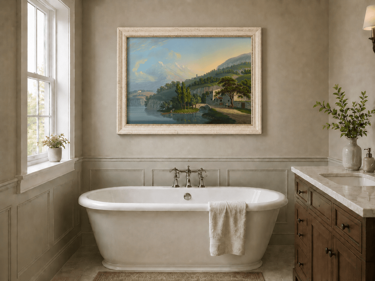 Landscape Oil Painting - Alpine Lake Villa and Mountain View