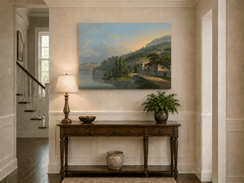 Landscape Oil Painting - Alpine Lake Villa and Mountain View