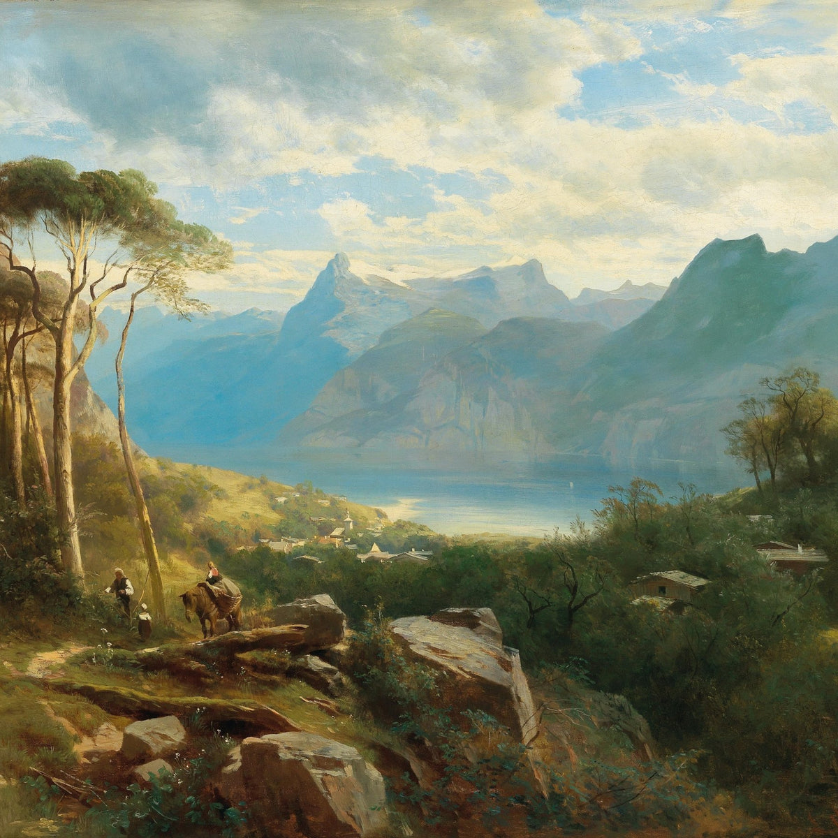Landscape Oil Painting - Alpine Lake, Village and Mountain Riders