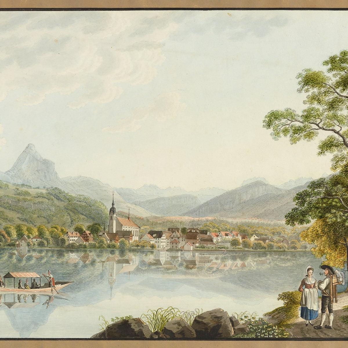 Hand-painted alpine lake village and mountain view landscape oil painting on canvas