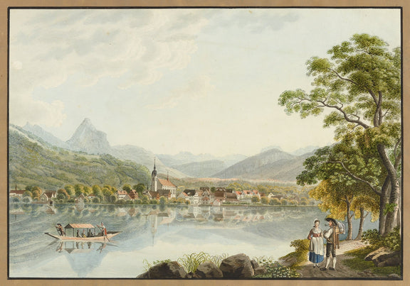 Hand-painted alpine lake village and mountain view landscape oil painting on canvas