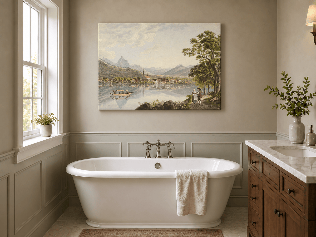 Landscape Oil Painting - Alpine Lake Village and Mountain View