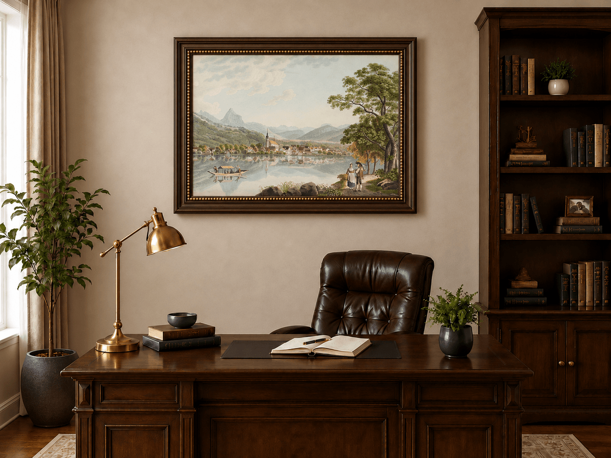 Landscape Oil Painting - Alpine Lake Village and Mountain View