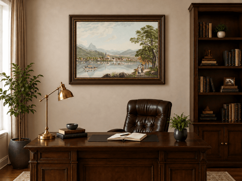 Landscape Oil Painting - Alpine Lake Village and Mountain View