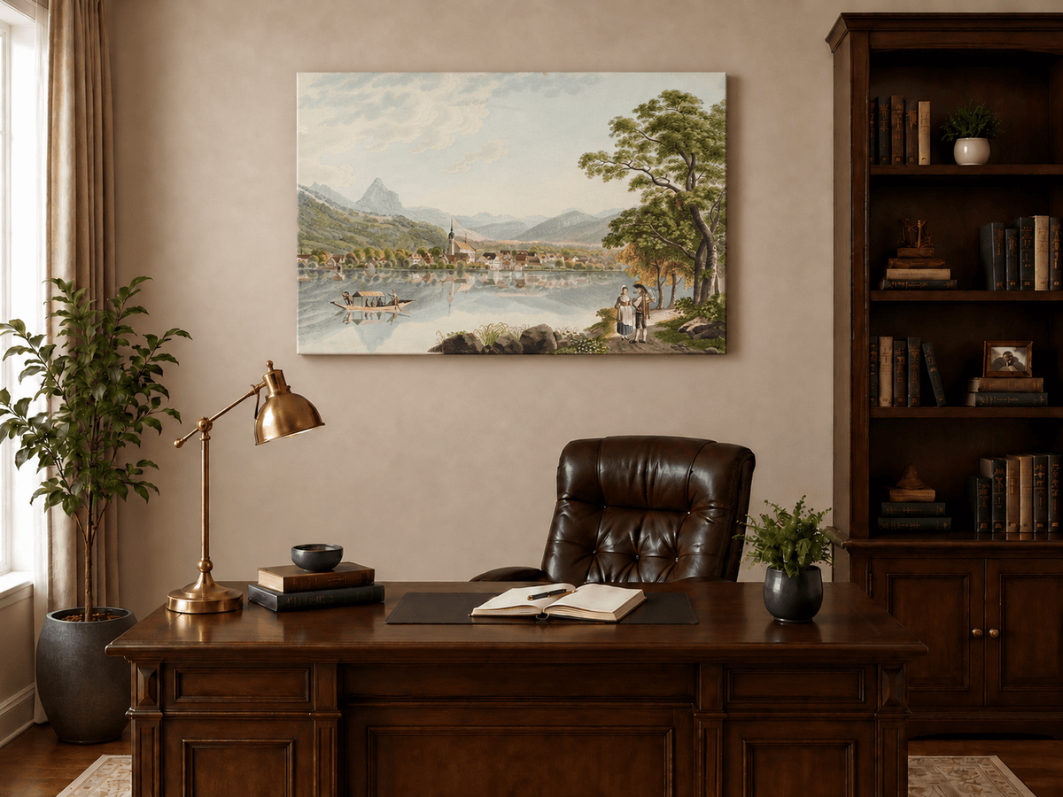 Landscape Oil Painting - Alpine Lake Village and Mountain View
