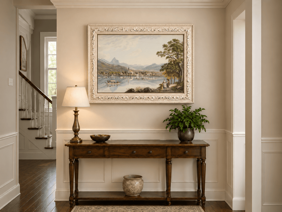 Landscape Oil Painting - Alpine Lake Village and Mountain View