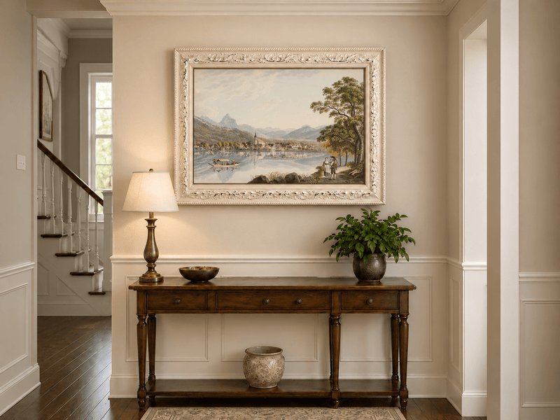 Landscape Oil Painting - Alpine Lake Village and Mountain View