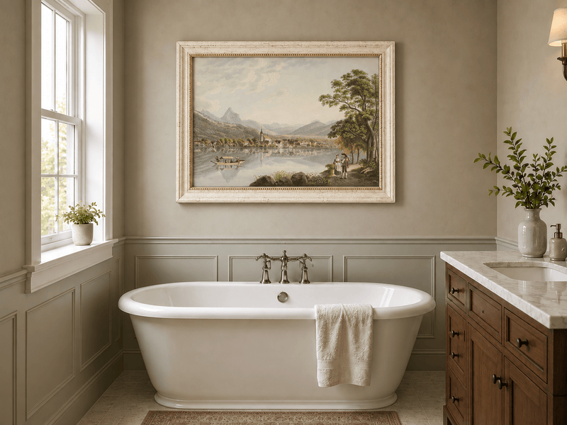 Landscape Oil Painting - Alpine Lake Village and Mountain View