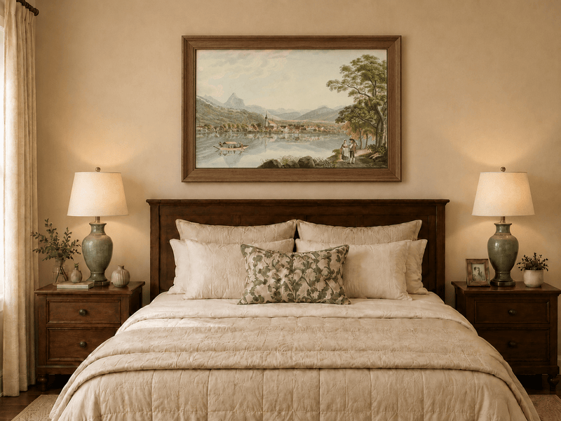 Landscape Oil Painting - Alpine Lake Village and Mountain View