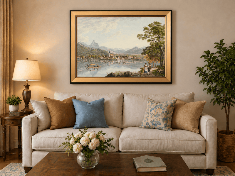 Landscape Oil Painting - Alpine Lake Village and Mountain View