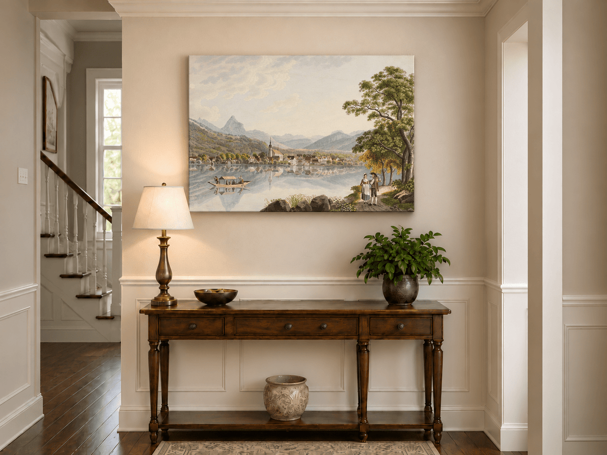 Landscape Oil Painting - Alpine Lake Village and Mountain View