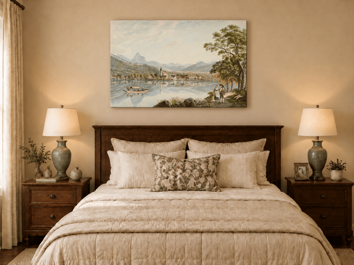 Landscape Oil Painting - Alpine Lake Village and Mountain View