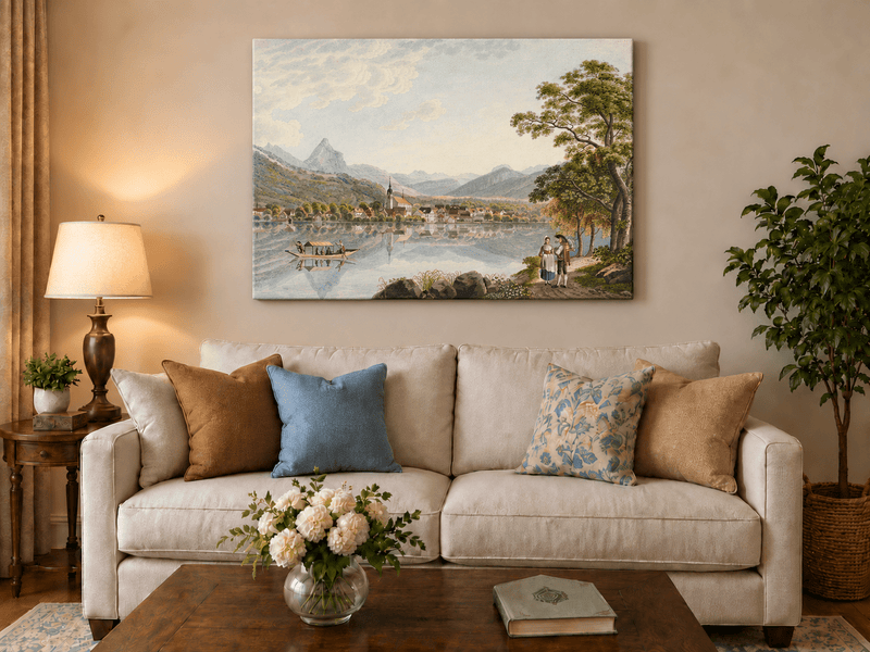 Landscape Oil Painting - Alpine Lake Village and Mountain View