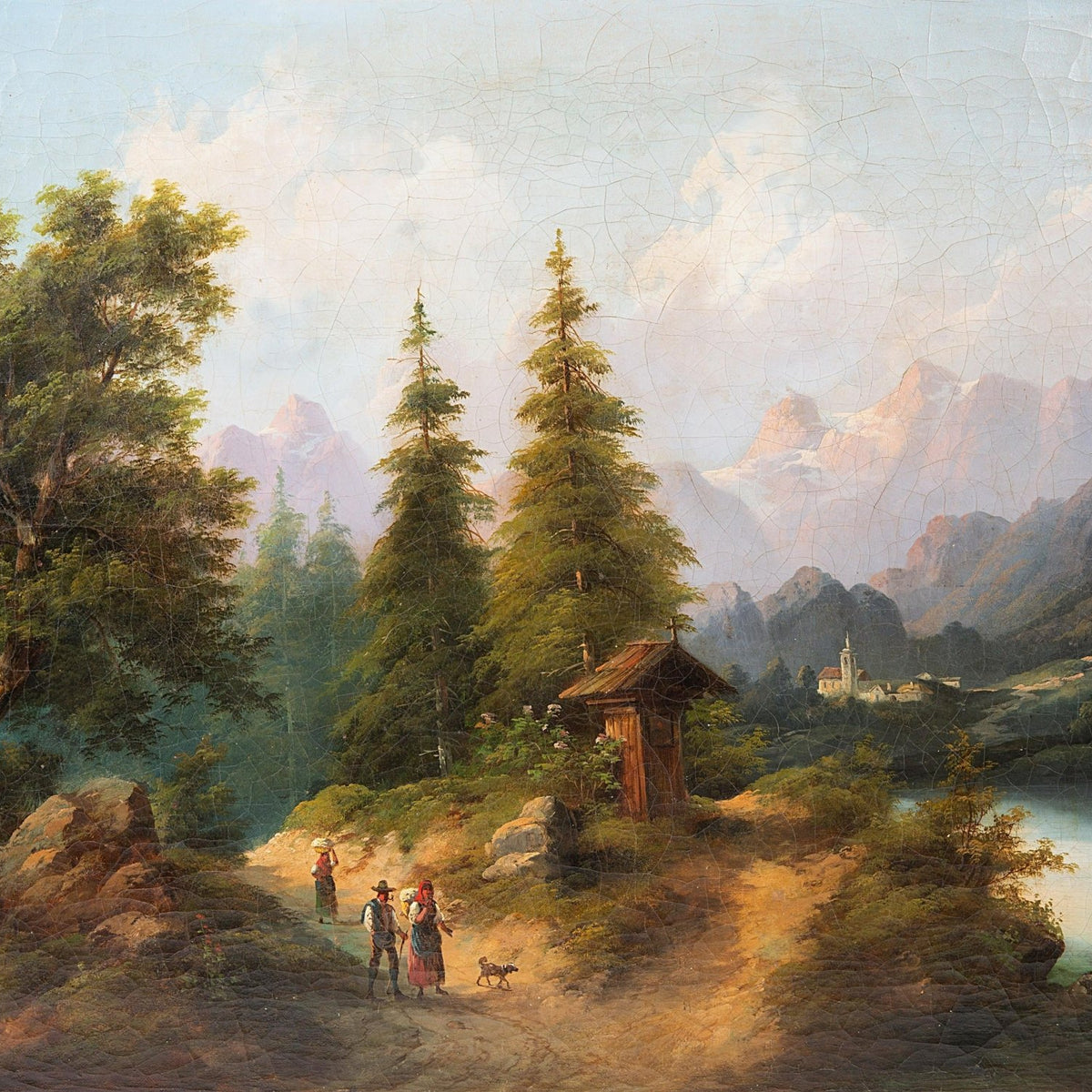 Hand-painted alpine lake village path landscape oil painting on canvas