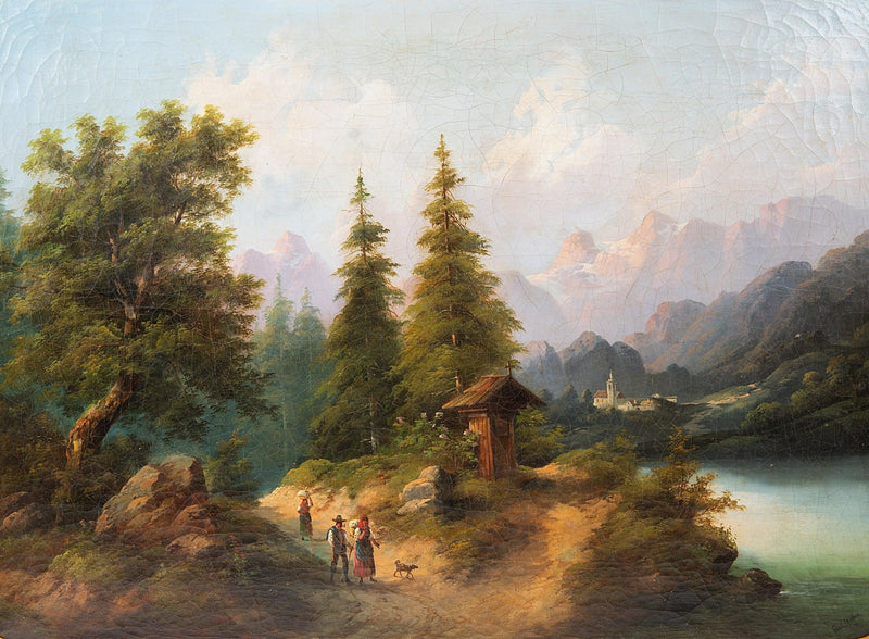 Hand-painted alpine lake village path landscape oil painting on canvas