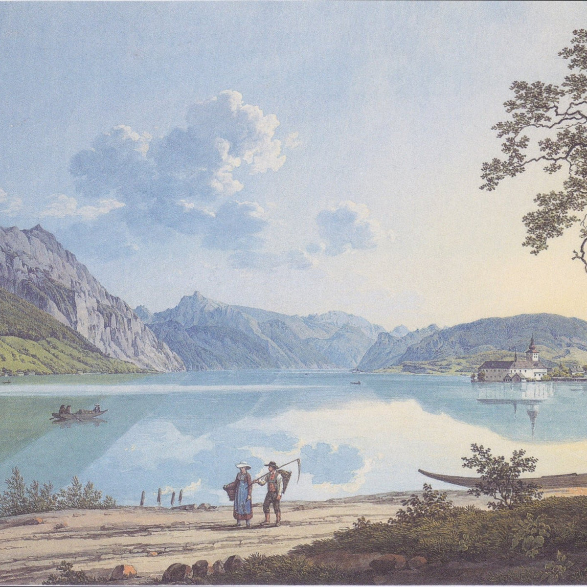 Hand-painted alpine lake with mountain reflections landscape oil painting on canvas
