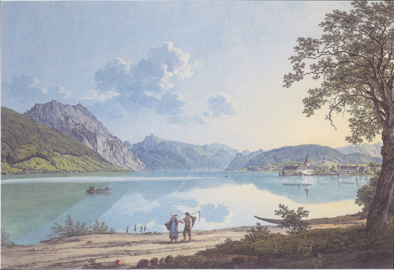 Hand-painted alpine lake with mountain reflections landscape oil painting on canvas