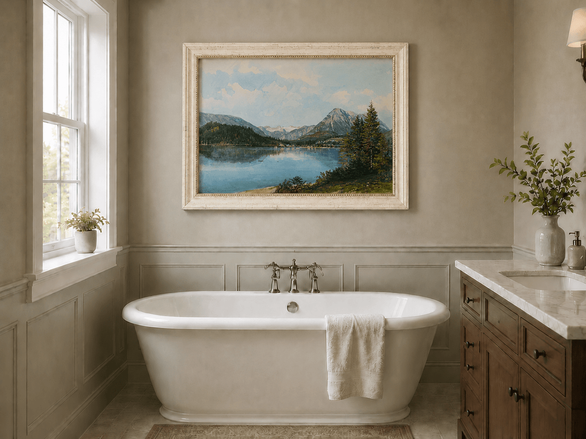 Landscape Oil Painting - Alpine Lake with Pine Trees and Peaks